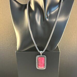 Rectangular Pink Stone Pendant Necklace in Silver Tone